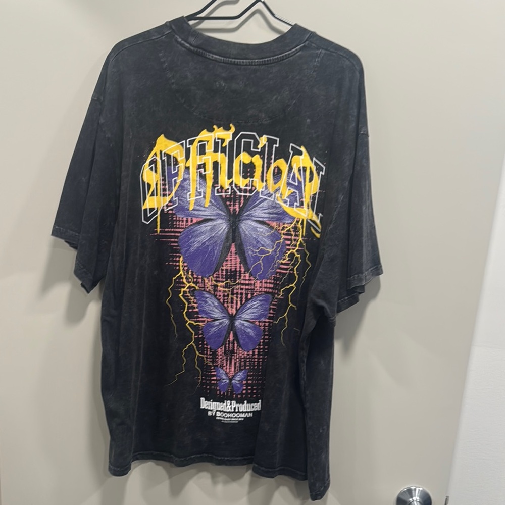 Black Graphic T-Shirt with Purple Butterflies